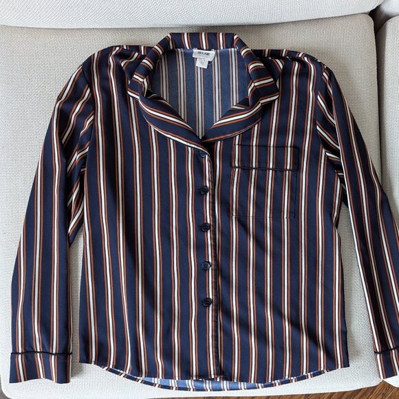 BELAIR Vertically Striped Collared Navy Button-up Shirt, Size M - Picture 2 of 10
